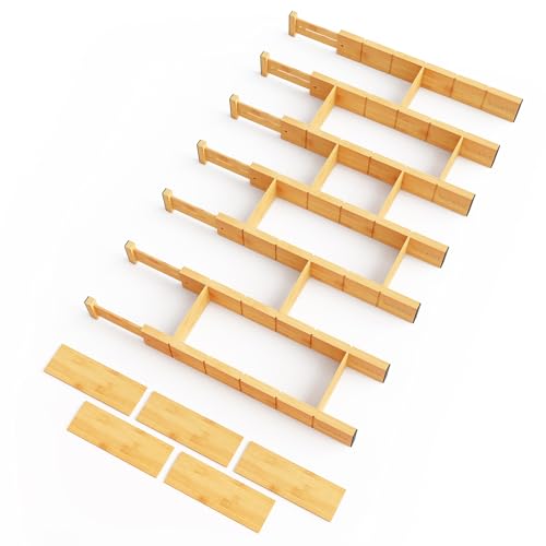 SpaceAid Bamboo Drawer Dividers with Labels, Adjustable Expandable Organizer, 7 Dividers with 15 Inserts, Natural 17-22 inch