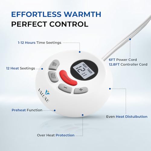 VALUXE King Size Quilted Heated Mattress Pad with 12 Heat Settings & Dual Controls - Electric Bed Warmer