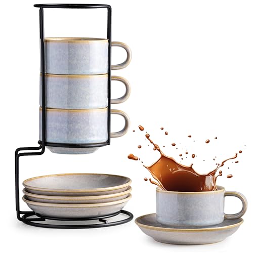 Gomakren 6oz Stackable Cappuccino Cups Set of 4 with Saucers & Stand,