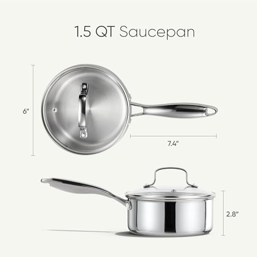 CAROTE 1.5Qt Stainless Steel Saucepans with Lid - Induction & Oven Safe Kitchen Cookware, Silver