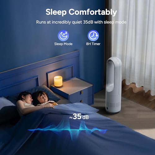 Faryuan 22-Inch White Bladeless Tower Fan with Remote, 8 Speeds, 80° Oscillation, 9H Timer, Quiet Portable Cooling for Indoor Use