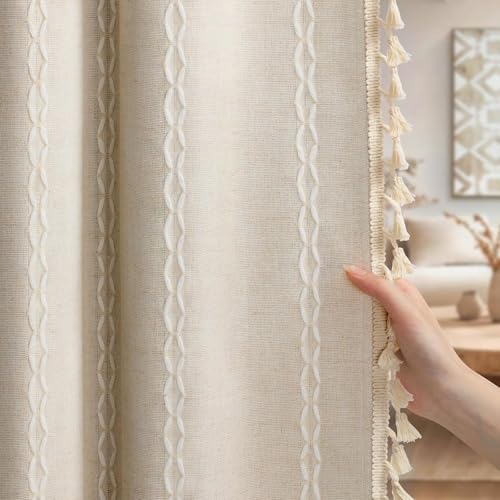 Blackout Boho Curtains 52W x 84L - Linen Blend Beige 2 Panels, Variation of THIS listing