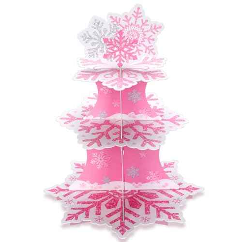 Zopeal 3 Tier Snowflake Cupcake Stand Winter Cake Stand Winter Dessert Tower Cupcake Tray Holder Snowflake Cake Stands for Birthday Party Christmas Holiday Decoration Supplies(Pink)