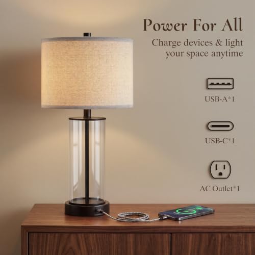Kyrid Set of 2 23.5'' Glass Table Lamps with USB Charging & Outlets for Living Room & Bedroom