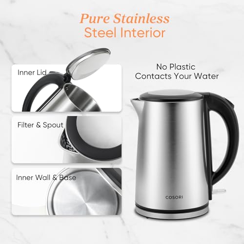 Stainless Steel Electric Kettle 1.5L - Plastic-Free Interior, Double-Wall Design