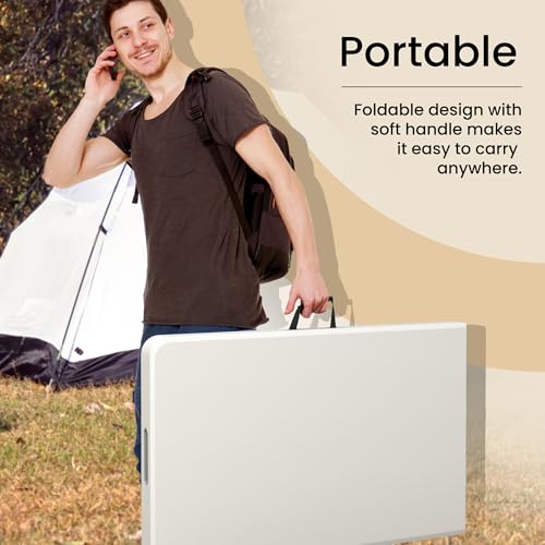 White 8ft Foldable Camping Table with Handle & Steel Legs - Heavy Duty Portable Indoor & Outdoor Event Table