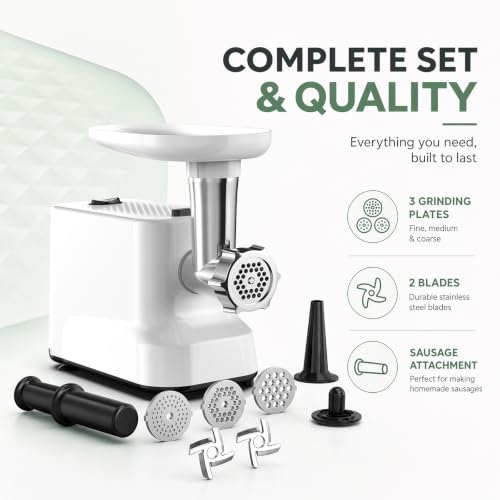 CHEFFANO White 300W Electric Meat Grinder 2500W Max with Sausage & Kubbe Kit