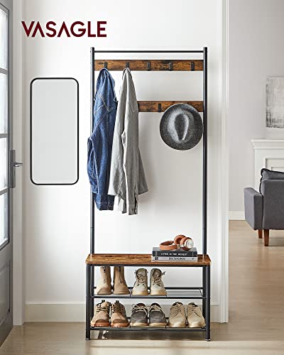 VASAGLE Rustic Brown & Black 3-in-1 Coat Rack with Shoe Storage Bench, Steel Frame