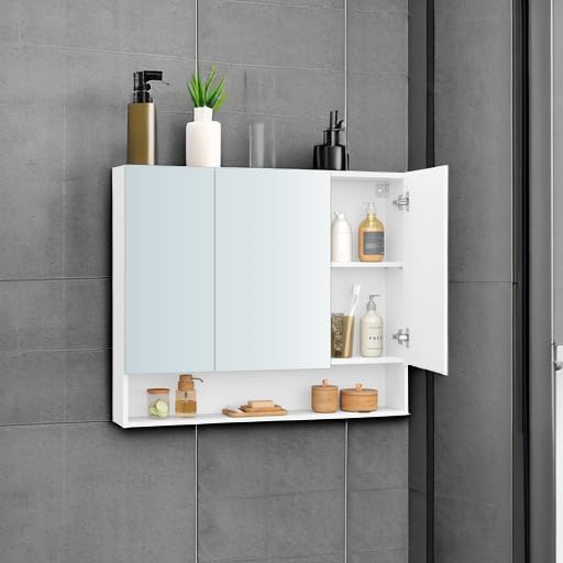 VASAGLE Medicine Cabinet Mirror with Storage - Cloud White, 35.4W with Mirror