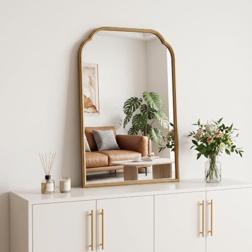 Gold Bathroom Scalloped Mirror - 36x24 Inch Rust-Proof Metal Frame - Wall or Vanity Decor