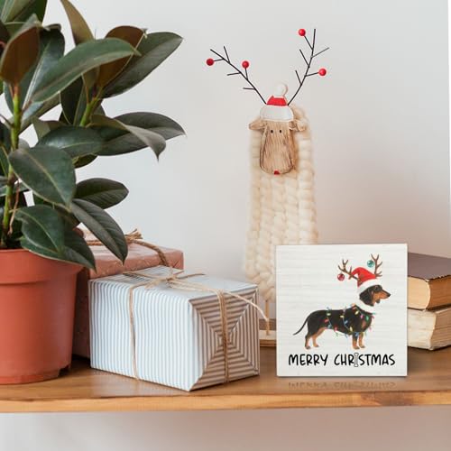 OVAcational Dachshund Merry Christmas Wooden Sign - Weiner Dog Holiday Decor