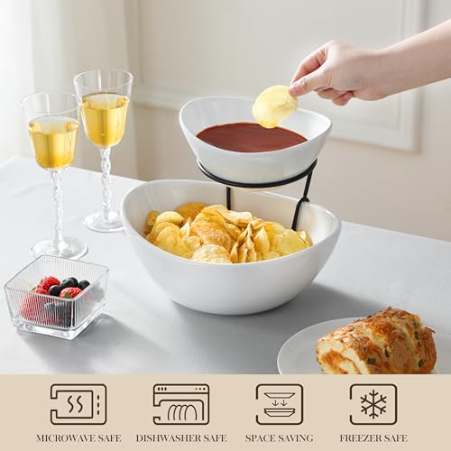 White 2-Tier Chip and Dip Serving Set with Metal Stand - Elegant Party Food Display