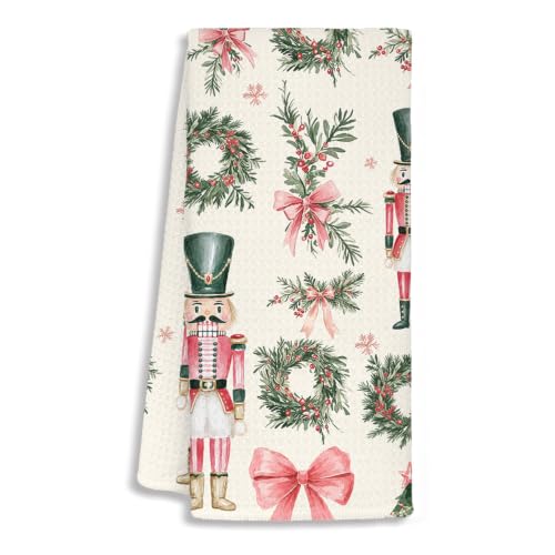 Christmas Nutcracker Kitchen Towels - Pink Bow Wreath, 16 x 24 in (Variation: Christmas Nutcracker)