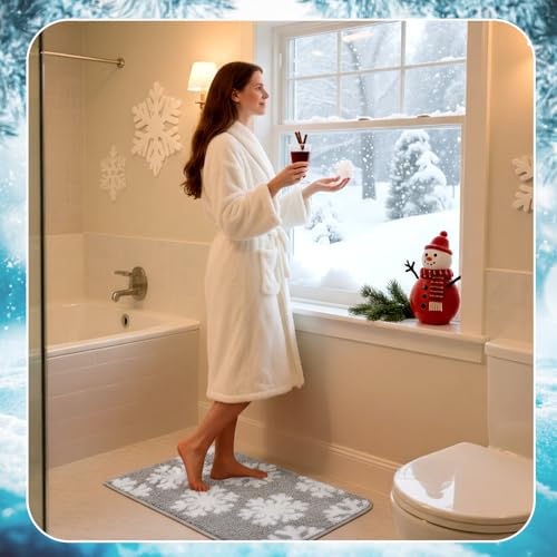 Dunzy Snowflake Bath Mat Set - Non-Slip Water Absorbent Rug for Bathroom, Gray, 2 Sizes