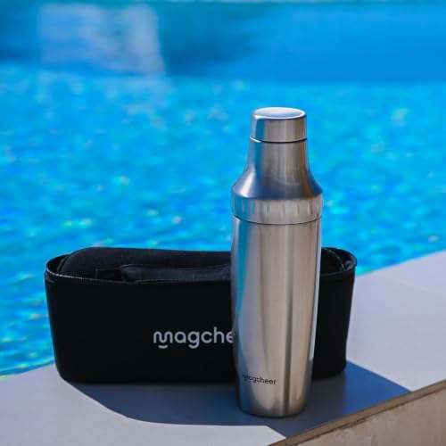 Magcheer Silver Hybrid Cocktail Shaker Set - Vacuum Insulated 30oz with Strainer & Jigger - Travel Bartender Kit