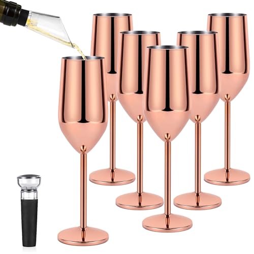 Lifecapido Rose Gold 6-Pack 8oz Stainless Steel Champagne Flutes Unbreakable Stemware for Party Wedding Gift