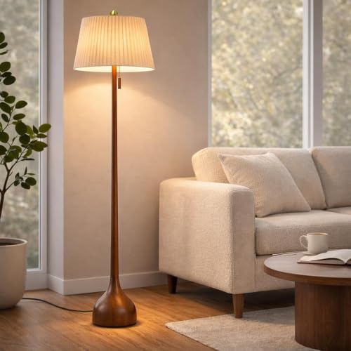 MOFFE Mid Century Walnut Wood Floor Lamp with Dual Shades - Amber Walnut Finish