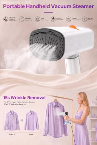 BYESHOP White Handheld Garment Steamer 6000Pa 3-Level Suction Fast Heat-up