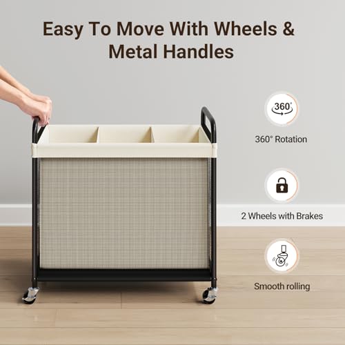 ELYKEN 3-Section Laundry Hamper with Removable Liner - Beige 120L Rolling Sorter