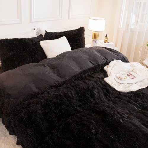 Andency King Size Faux Fur Comforter Set Black 104x90 with Pillow Shams - Fluffy Warm Bedding