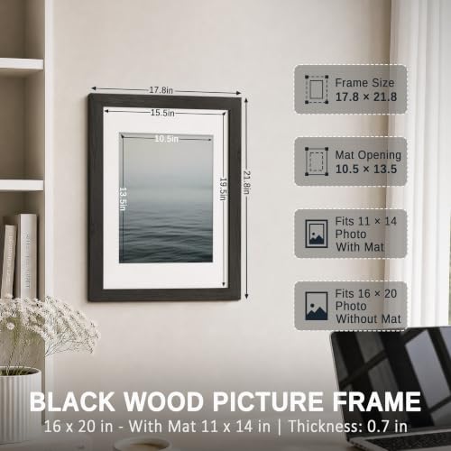 VCK 16x20 Picture Frame 5 Pack - Black Wood Grain with Mat for Photos & Art - Exclusive Design