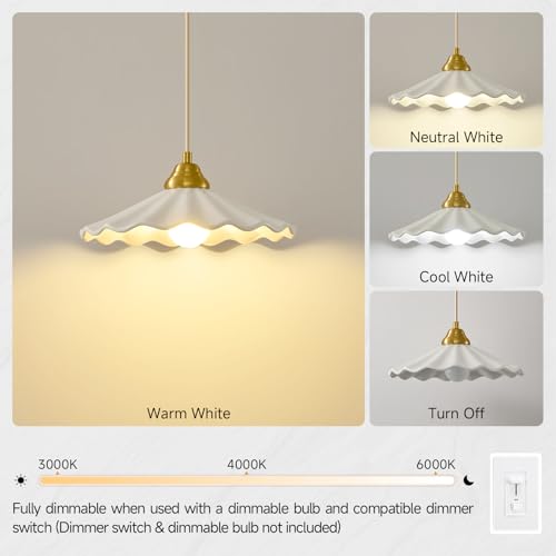 White Scalloped Ceramic Pendant Light, Vintage Kitchen Island Light