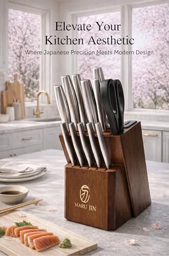 Japanese 15-Piece Knife Block Set with Built-In Sharpener, High Carbon Stainless Steel, Wooden - Wooden / 15 Pcs