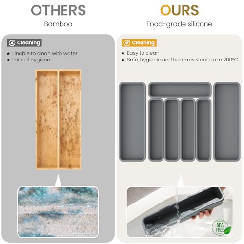 7 Pack Silicone Silverware Drawer Organizer - DIY Customizable, Heat-Resistant Up to 200°C, Anti-Slip, Moisture-Proof Kitchen Utensil Tray - Grey