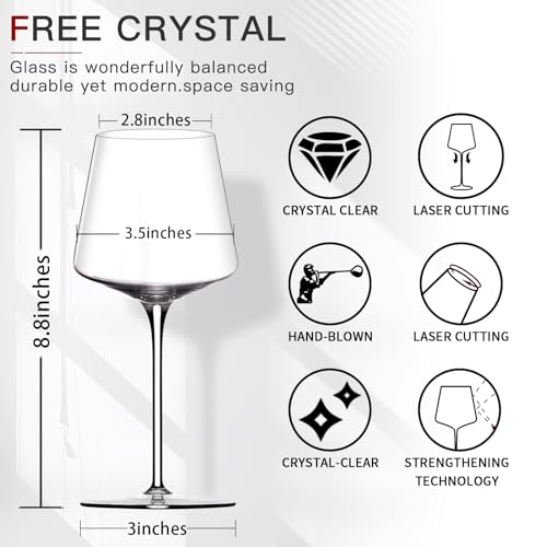 Physkoa Set of 6 Red Wine Glasses - 18oz Hand Blown Modern Square Stemware