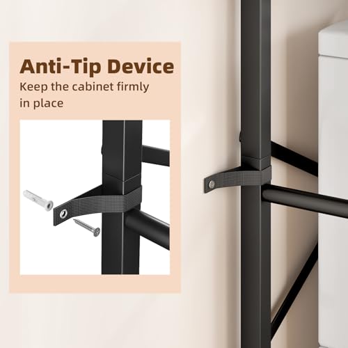 Over The Toilet Storage Cabinet with Fluted Wave Doors and Adjustable Shelves - Black - Freestanding Bathroom Organizer