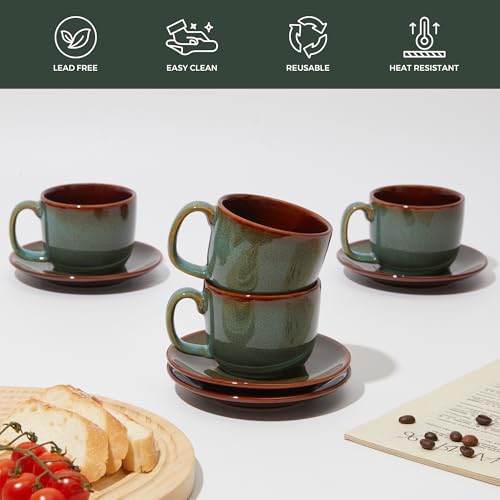 Sage Green Stoneware Coffee Cups with Saucers Set of 4 – Modern Espresso Mug Set