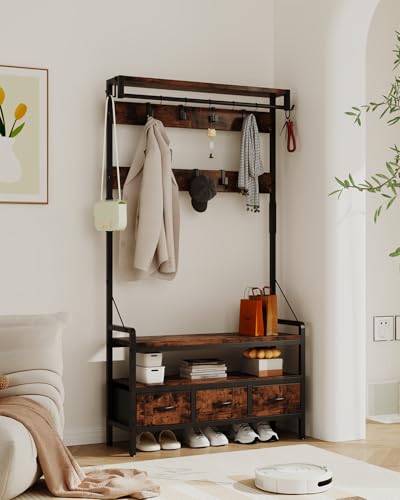 Entryway Hall Tree with Bench, Shoe Storage, 16 Hooks & 3 Drawers