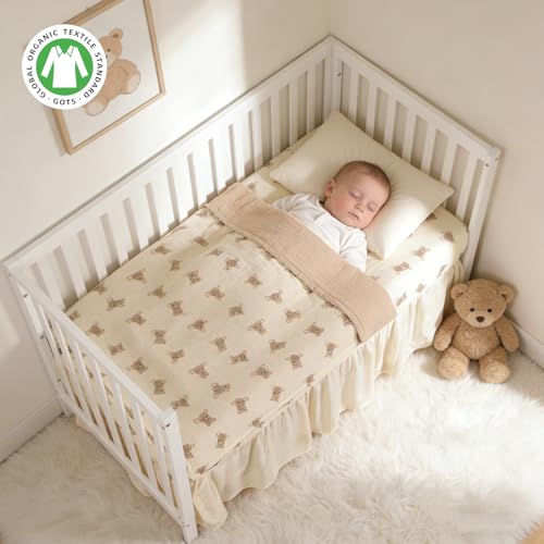 Organic Cotton Baby Crib Bedding Set with Bear Pattern - 3 Piece Nursery Quilt and Fitted Sheet, Toddler Bed Decor