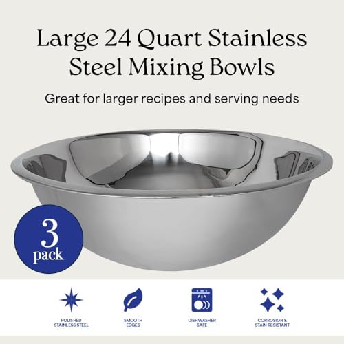 24 Quart Large Stainless Steel Mixing Bowls Set - 3 Nesting Bowls, Food-Grade, Dishwasher Safe, Ideal for Kitchen & Food Service - Variation of 24.0 Quarts / 3