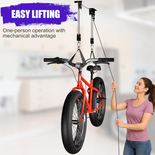 Heavy Duty Bike Hoist for Garage Ceiling - 85lb Capacity Pulley System