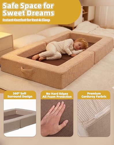 Medium Toddler Travel Sofa Bed with Bear Pattern - 3-in-1 Convertible Kids Couch & Floor Bed