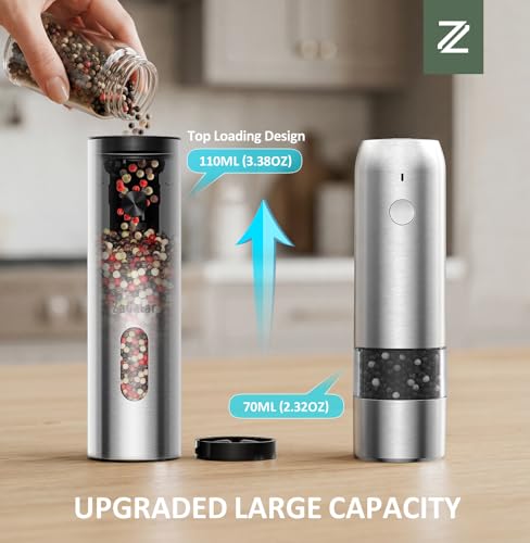 Zadelar Stainless Steel Rechargeable Electric Salt & Pepper Grinder Set with USB-C Charging, Adjustable Coarseness & LED Light