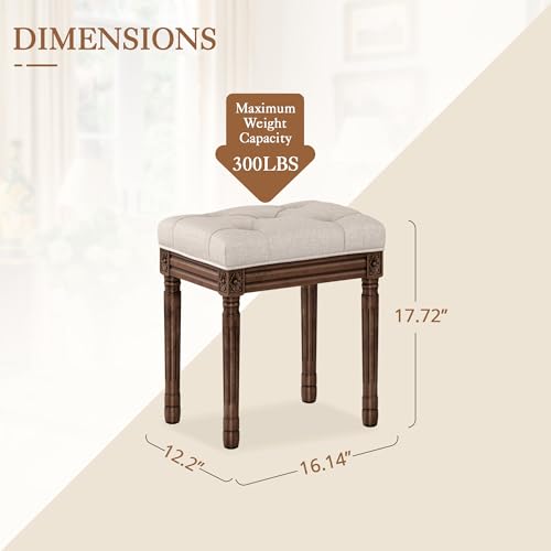 LUE BONA Upholstered Fabric Vanity Bench Seat - Linen & Dark Brown Tufted Ottoman