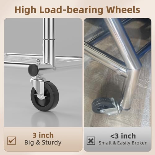Silver Heavy Duty Clothes Rack with 2 Shelves, Adjustable Height & Wheels, 556 lbs Capacity
