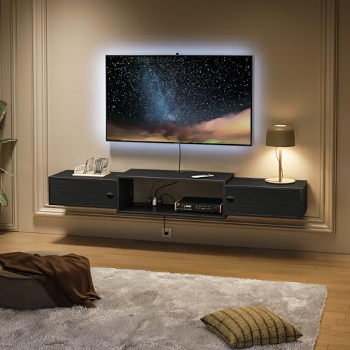 HOOBRO 55-Inch Black Floating TV Stand with Power Outlets Wall Mount Modern Media Console