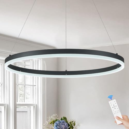 Black 24in Dimmable LED Pendant Light Ring Chandelier for Living Room & Dining