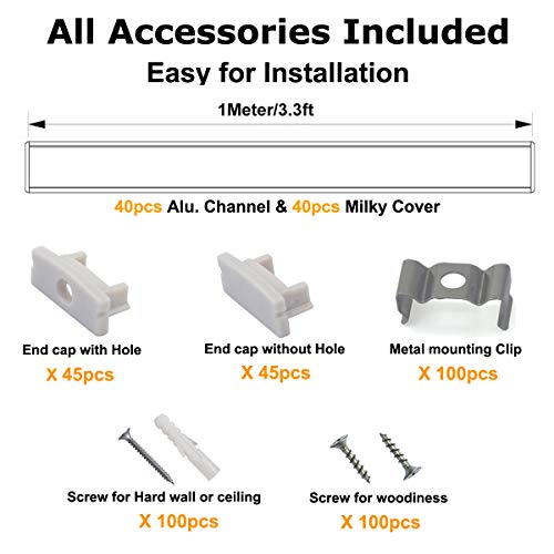 40-Pack 3.3ft U-Shaped LED Aluminum Channel System with Milky Diffuse Cover & Accessories
