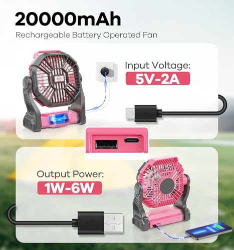 Pink Portable Battery-Powered Camping Fan with LED Light & 20,000mAh Power Bank