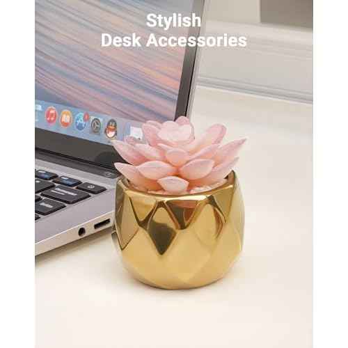 VIVERIE Mini Succulents Plants Artificial in Pots-Pink with Golden Ceramic, Christmas Small Fake Succulents Plants for Home Decor Indoor for Women, Golden Ceramic Faux Succulents, Gifts for Mom