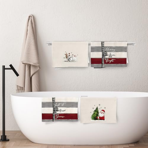 Winter Christmas Tree Santa Snowman Kitchen Towels, Rustic Gray White