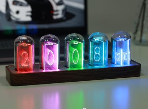 ClocTeck Nixie Tube Clock with Wi-Fi, Alarm, Timer, 12/24H Display, No Assembly Needed (Wood Grain)