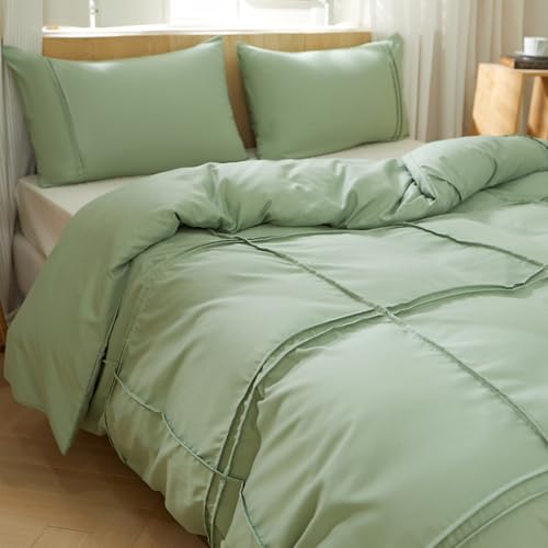 AiMay Duvet Cover Set Queen Pintuck Pleated 3 Pieces—Green, Zipper & Corner Ties