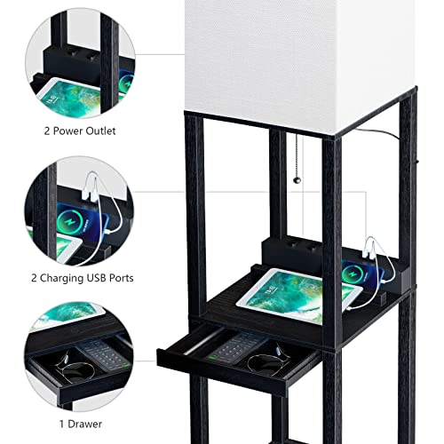 SUNMORY Black Floor Lamp with Shelves and Drawer, Solid Wood with USB & Power Outlets