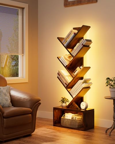 Evermagin Rustic Brown 6-Tier Tree Bookshelf with RGBIC LED Lights, Space-Saving Bookcase