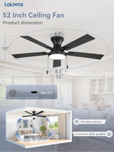 52 Inch Black Ceiling Fan with Lights, Remote & Pull Chain, Reversible & Dimmable